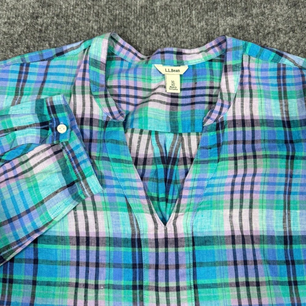 LL Bean Plaid V-Neck Tunic Top Womens XL Blue Purple 100% Linen EUC Coastal Vibe